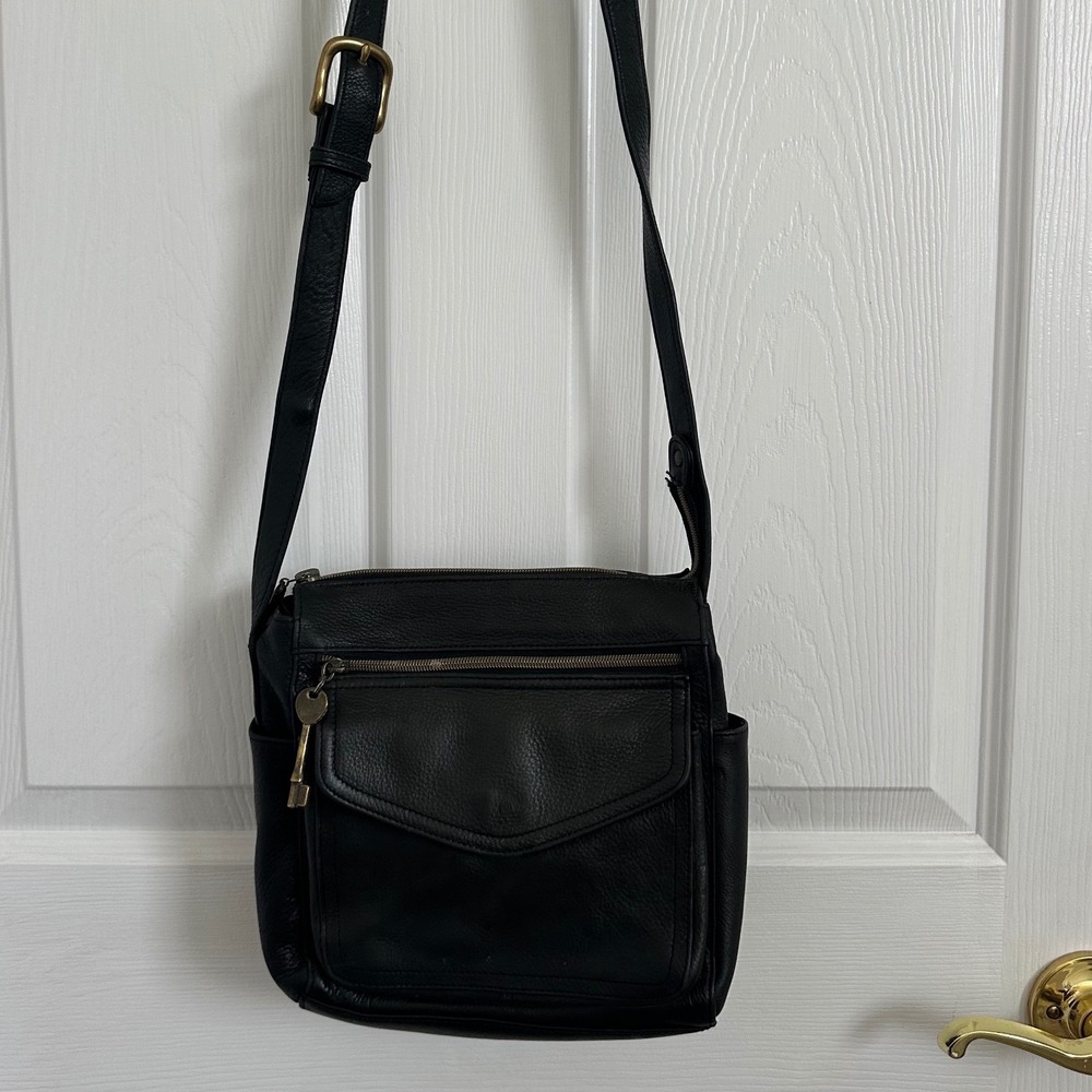 Fossil Black Pebbled Leather Crossbody Bag Organizer Brass Key 75082 vintage